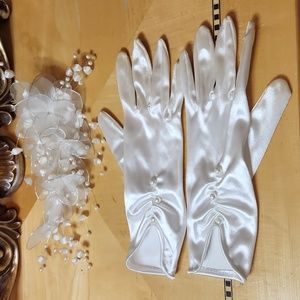 Beautiful, Floral, Pearls and Satin, Bridal Hair Comb and Gloves